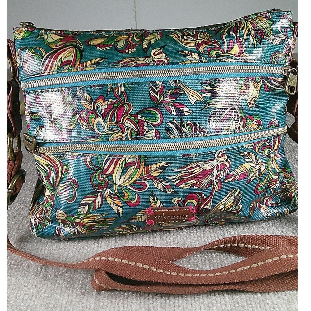 Sakroots Crossbody Bag Teal Floral‎ Bird Coated Canvas Multi Pocket Purse